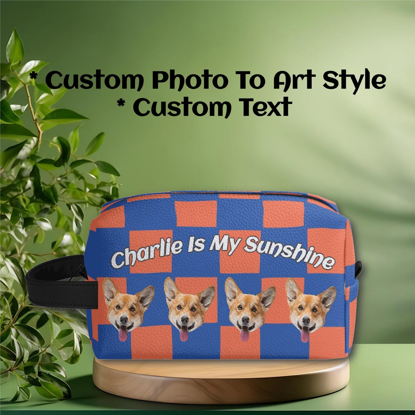 Custom photo to Art Style & Text - Travel PU Leather Toilettrie Bag Makeup Organizer - Welcome Pet or Human Photo