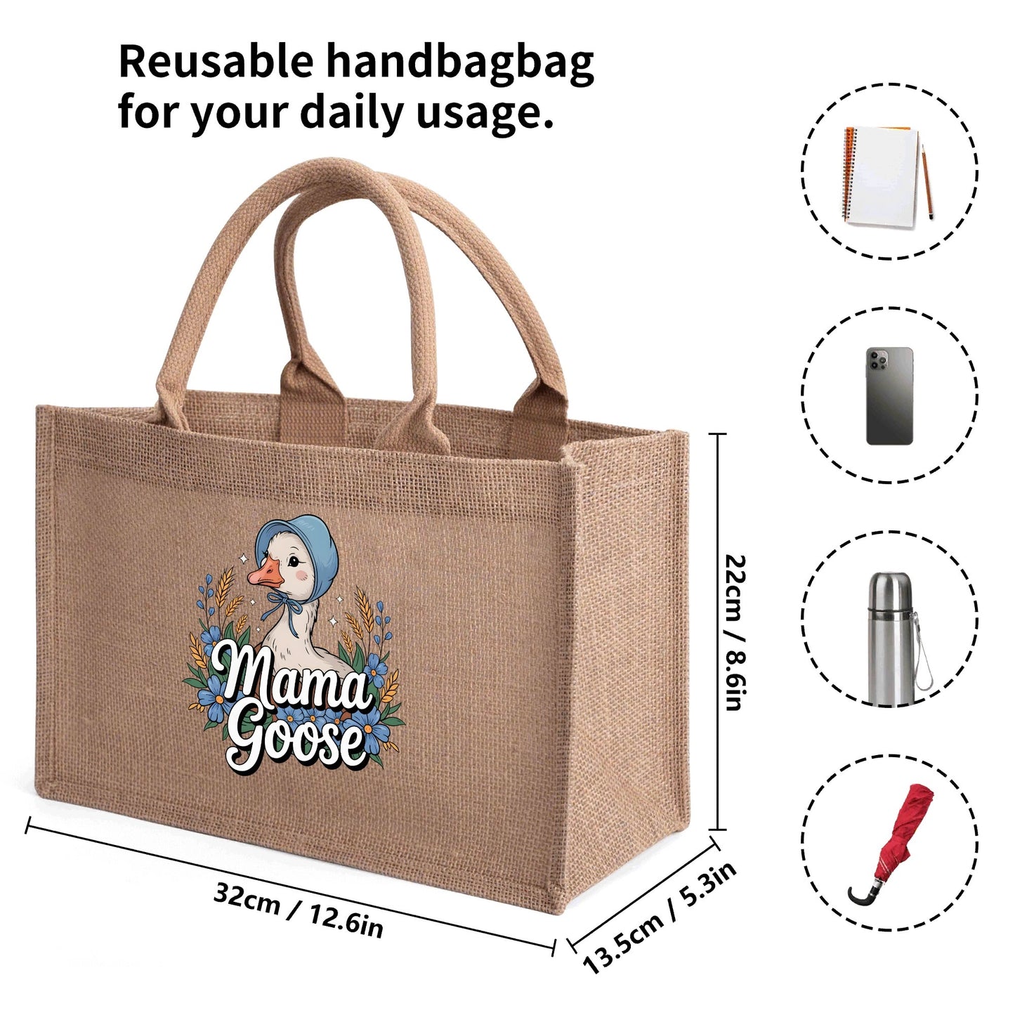 Mama Goose Reusable Jute Burlap Tote Bag