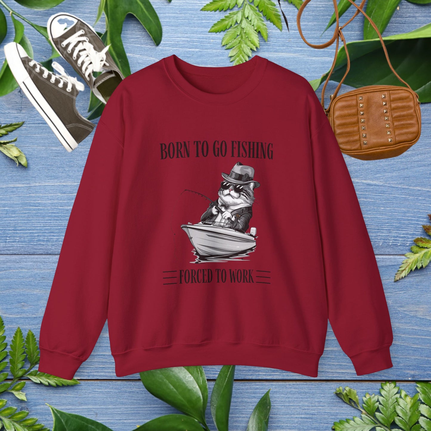 Born To Go Fishing Crewneck Sweatshirt, Cat Lover Fishing Lover Sweatshirt - furevermama