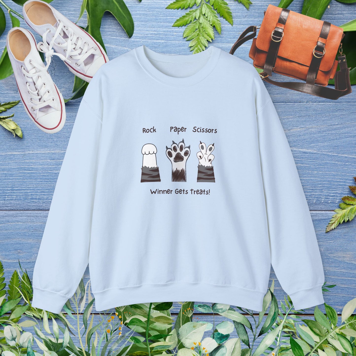 Crewneck Sweatshirt with Paw Graphics 'Paper, Rock, and Scissors' - furevermama