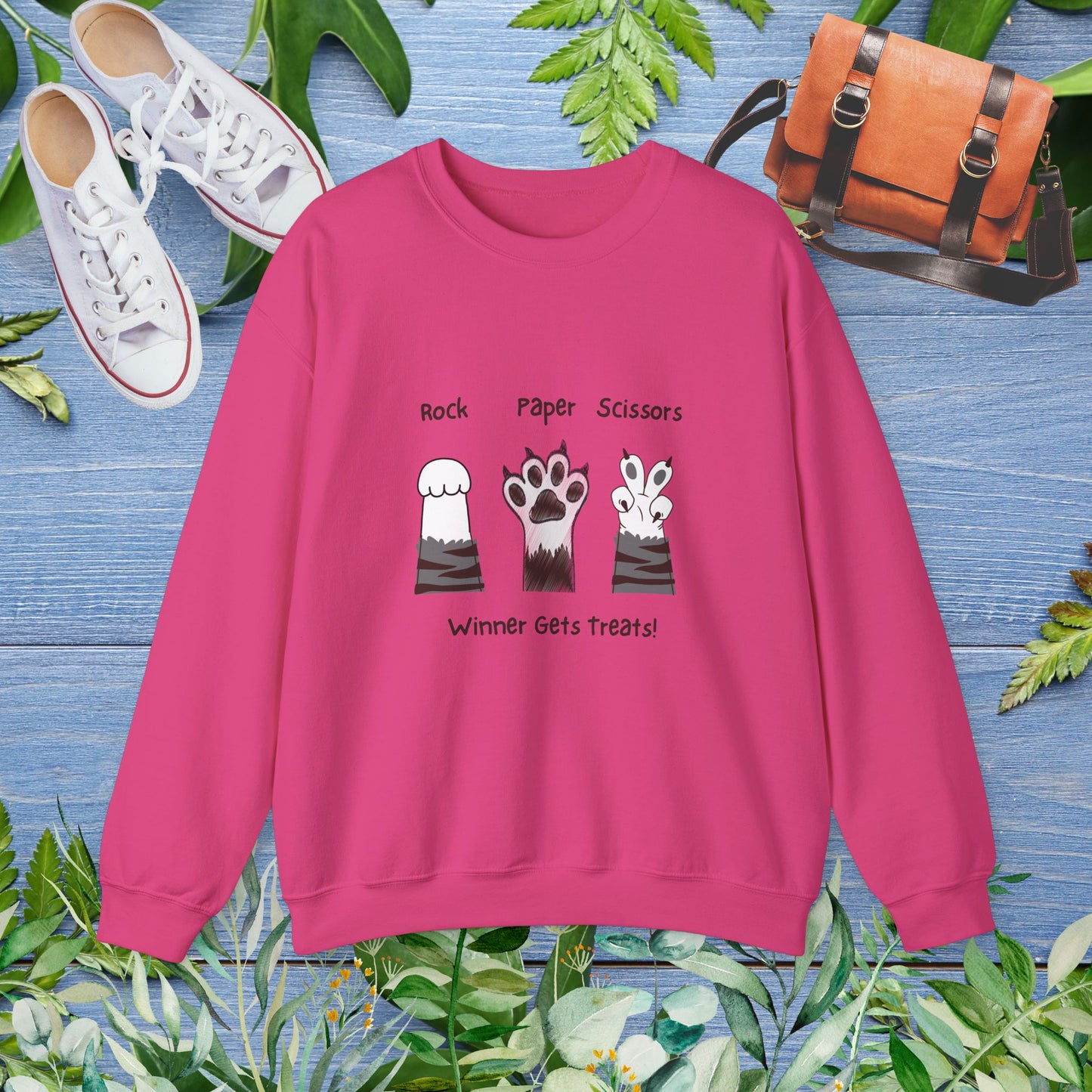 Crewneck Sweatshirt with Paw Graphics 'Paper, Rock, and Scissors' - furevermama