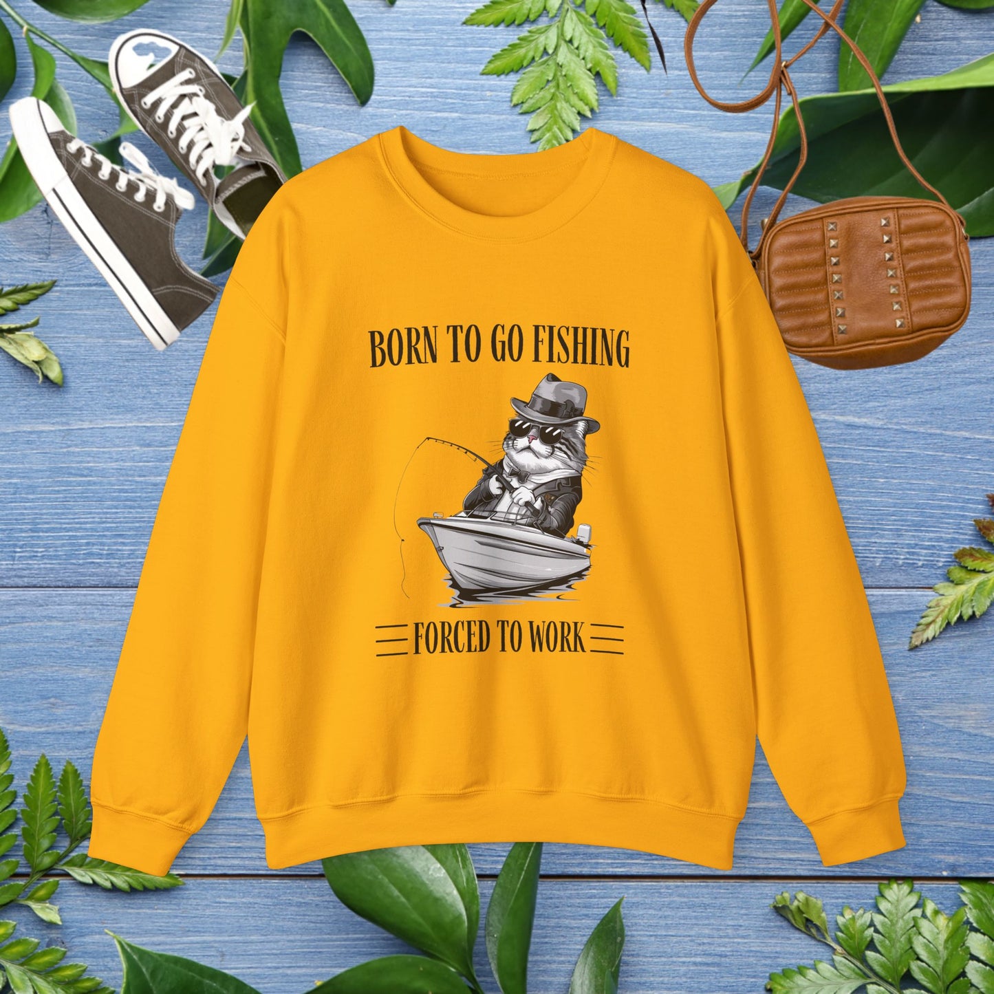 Born To Go Fishing Crewneck Sweatshirt, Cat Lover Fishing Lover Sweatshirt - furevermama