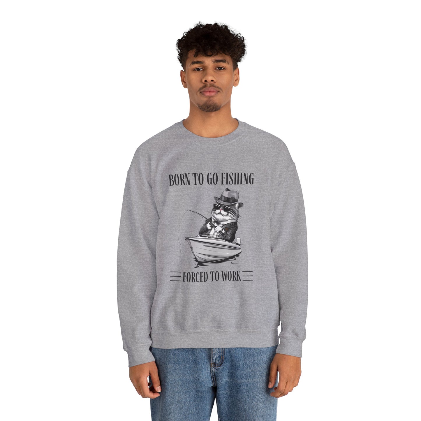 Born To Go Fishing Crewneck Sweatshirt, Cat Lover Fishing Lover Sweatshirt - furevermama