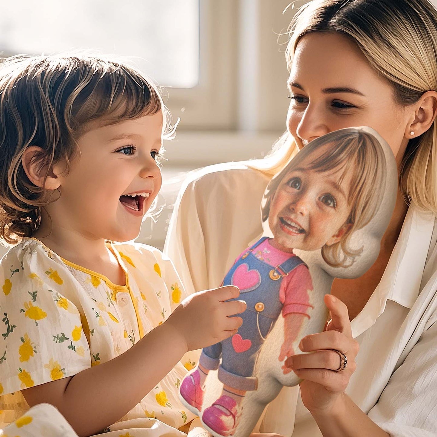 Woman holding a child's toy with a smiling child, indicating a happy family moment.