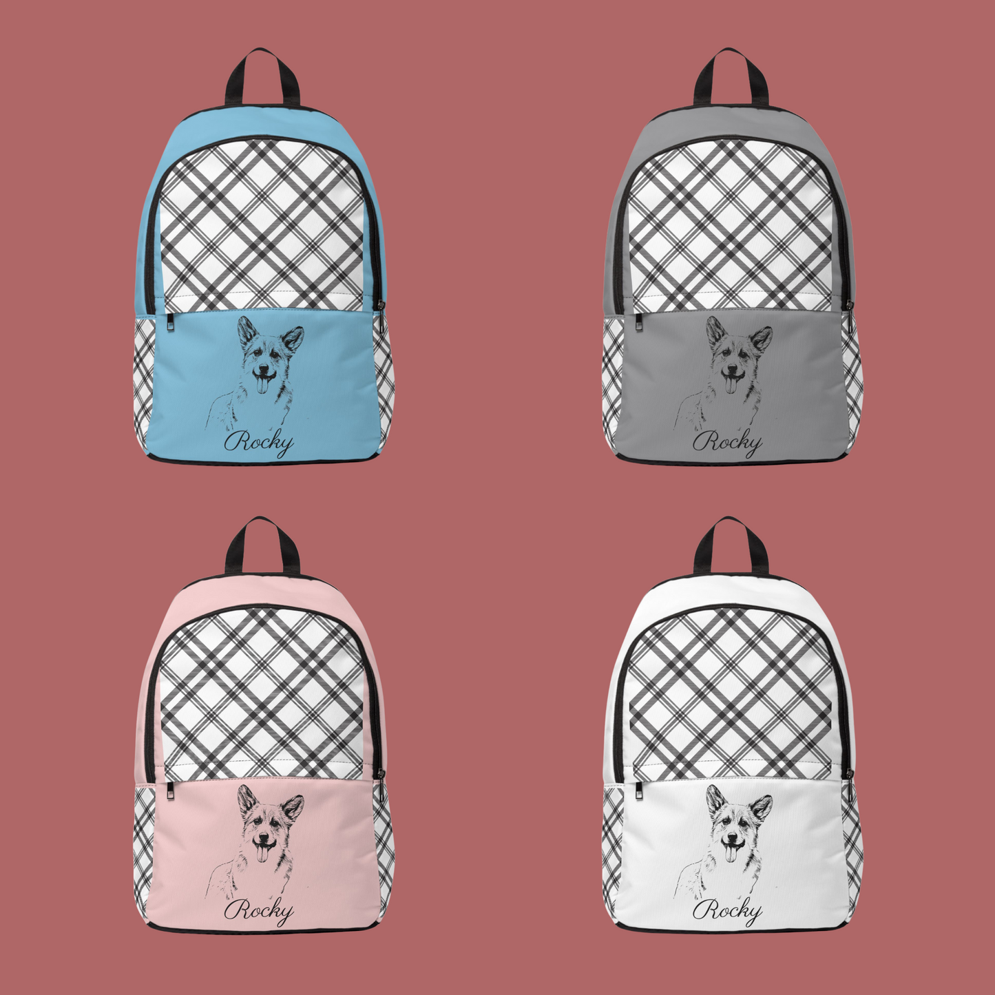 Backpack with Custom Pet Sketch and Check Pattern Design - furevermama