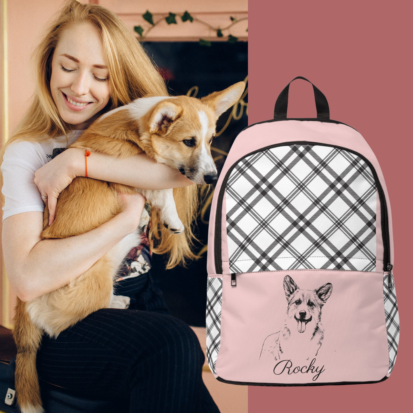 Backpack with Custom Pet Sketch and Check Pattern Design - furevermama