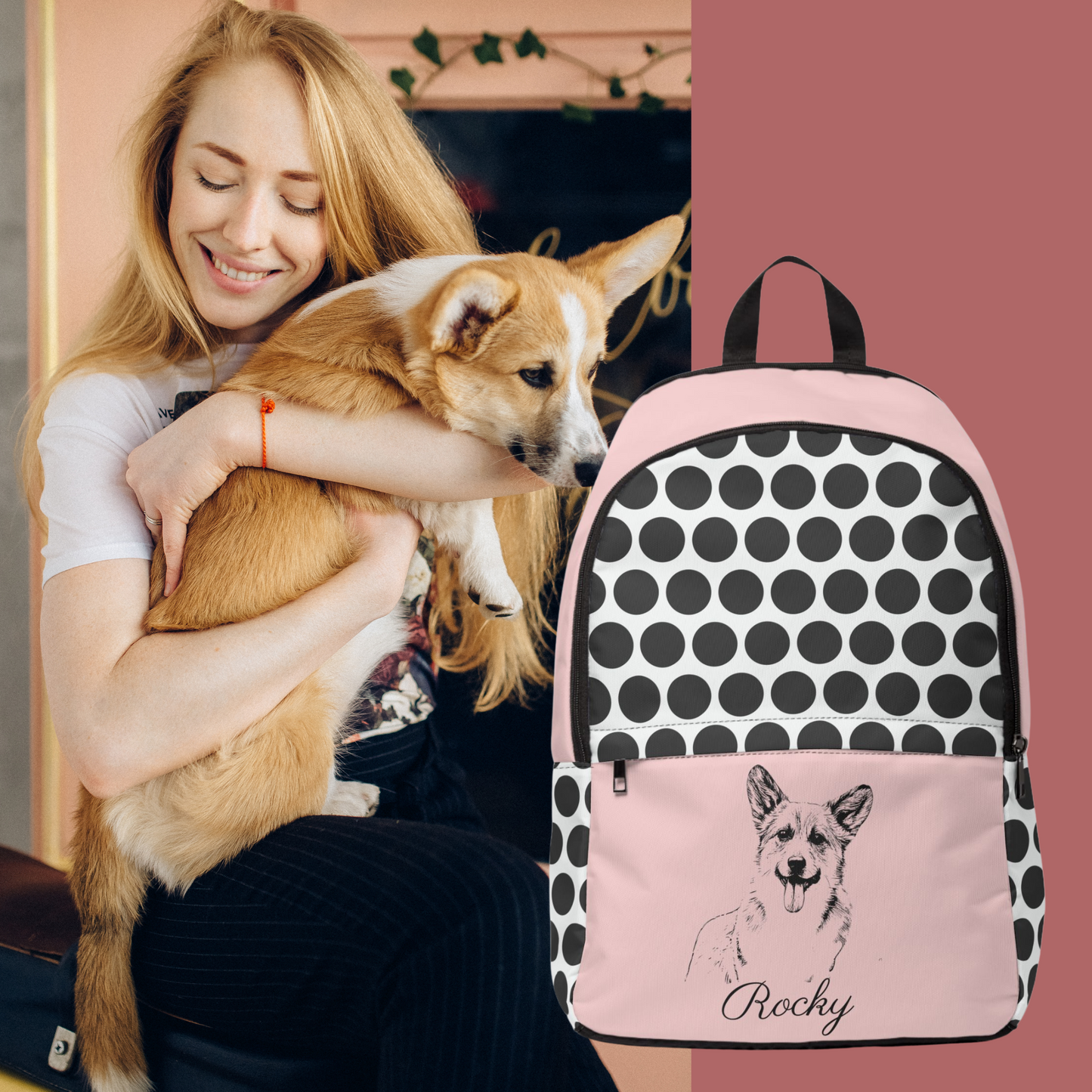 Backpack with Custom Pet Sketch and Circle Pattern Design - furevermama