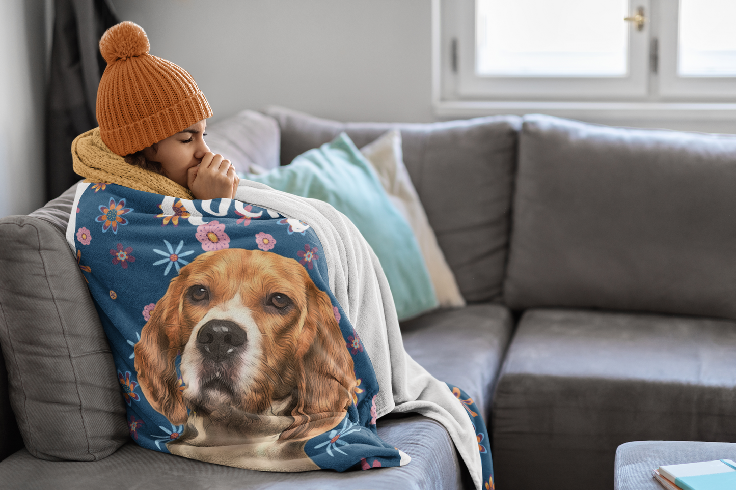Custom Pet Portrait Name Color Floral Velveteen Plush Blanket - furevermama