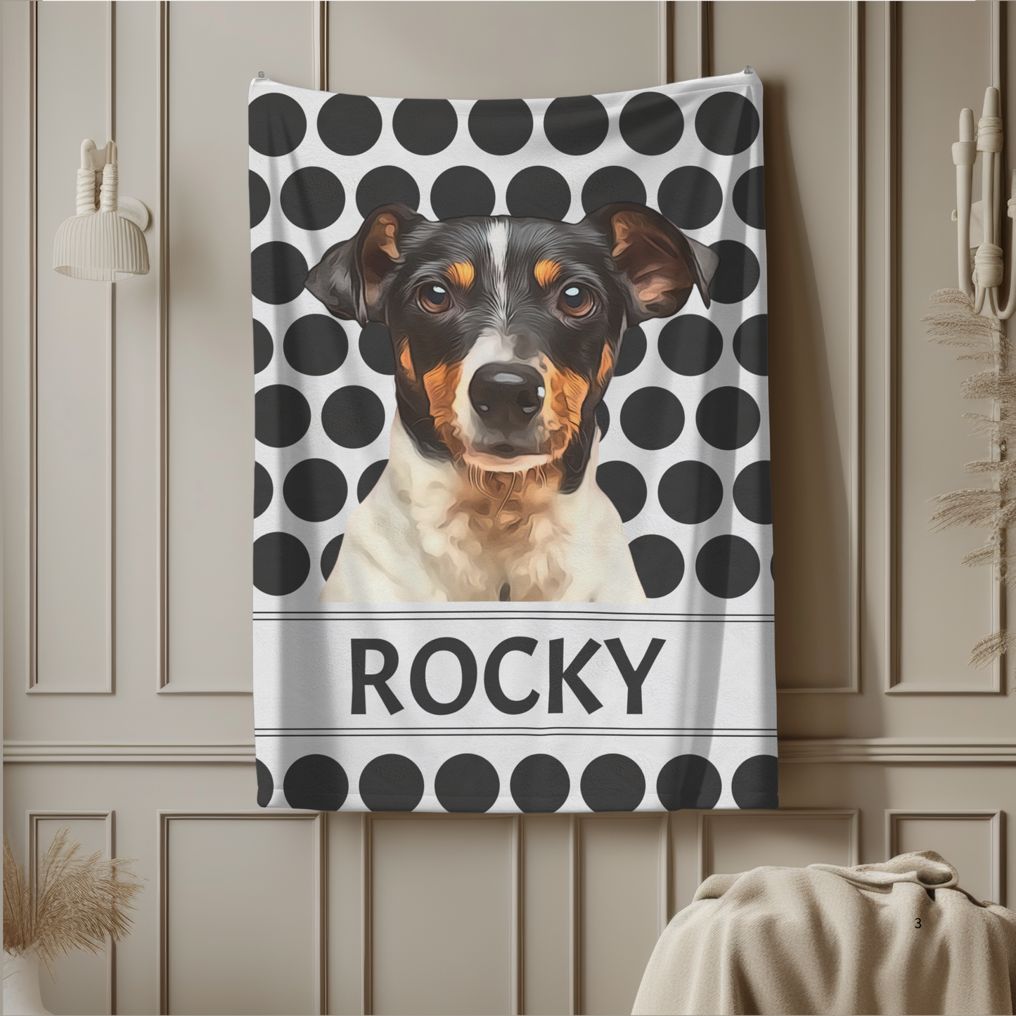 Custom Pet Photo Portrait Velveteen Plush Blanket, Black and White Dot Blanket - furevermama