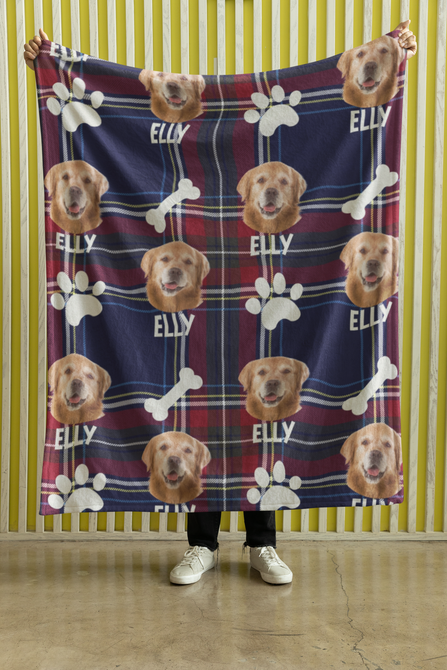 Custom Pet Photo Name Blue & Red Checked Velveteen Plush Blanket - furevermama