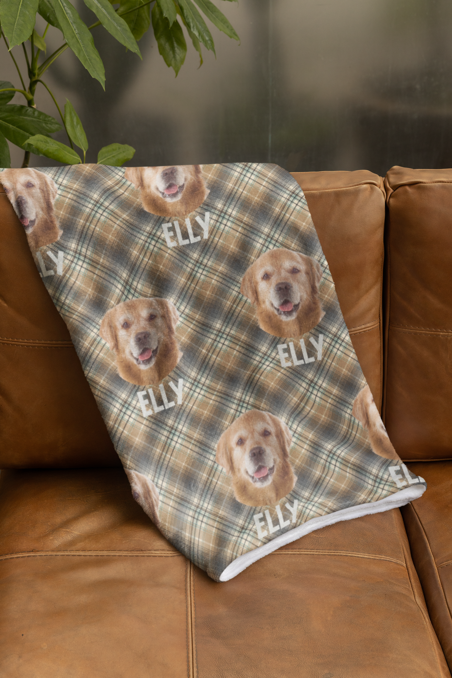 Custom Pet Photo Name Brown Checked Velveteen Plush Blanket - furevermama