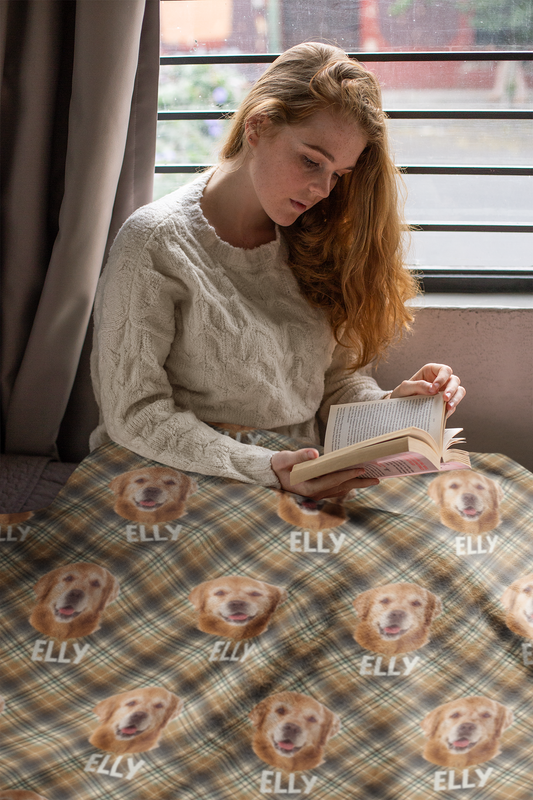 Custom Pet Photo Name Brown Checked Velveteen Plush Blanket - furevermama
