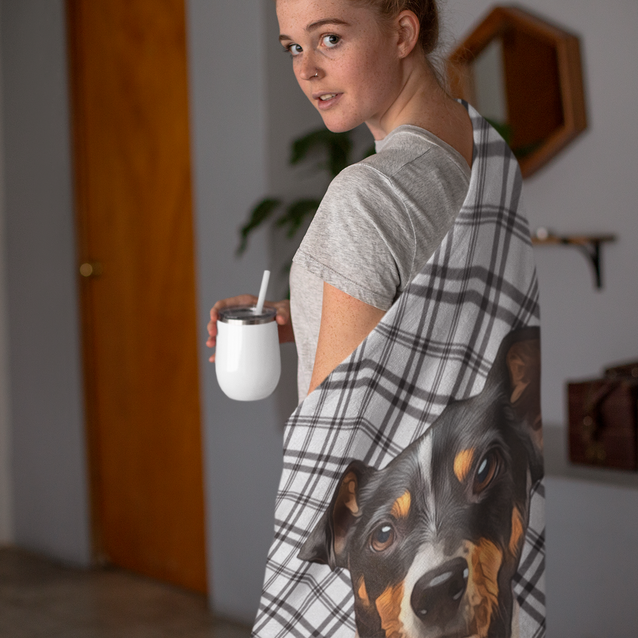 Custom Pet Portrait Checked Velveteen Plush Blanket - furevermama
