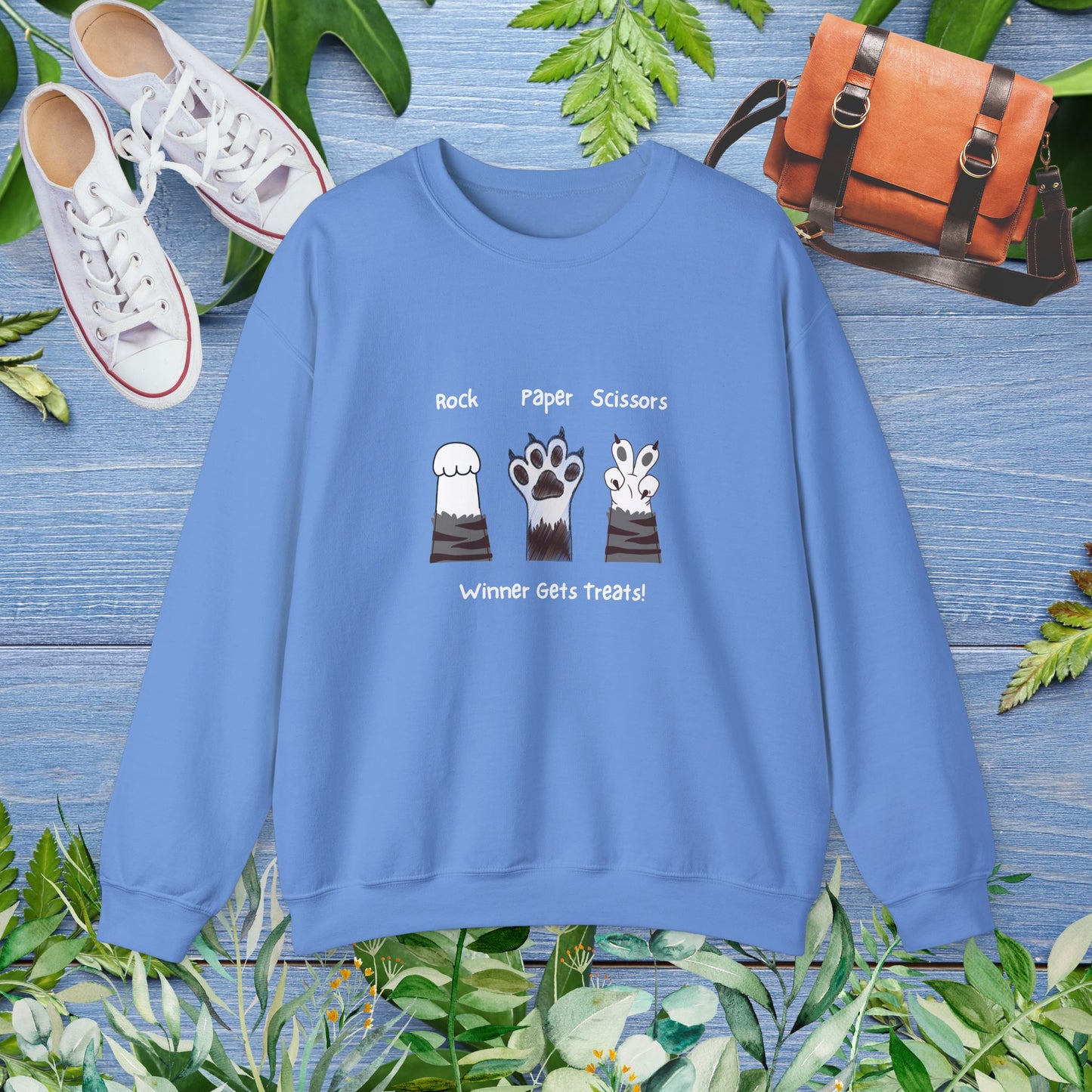 Crewneck Sweatshirt with Paw Graphics 'Paper, Rock, and Scissors' - furevermama