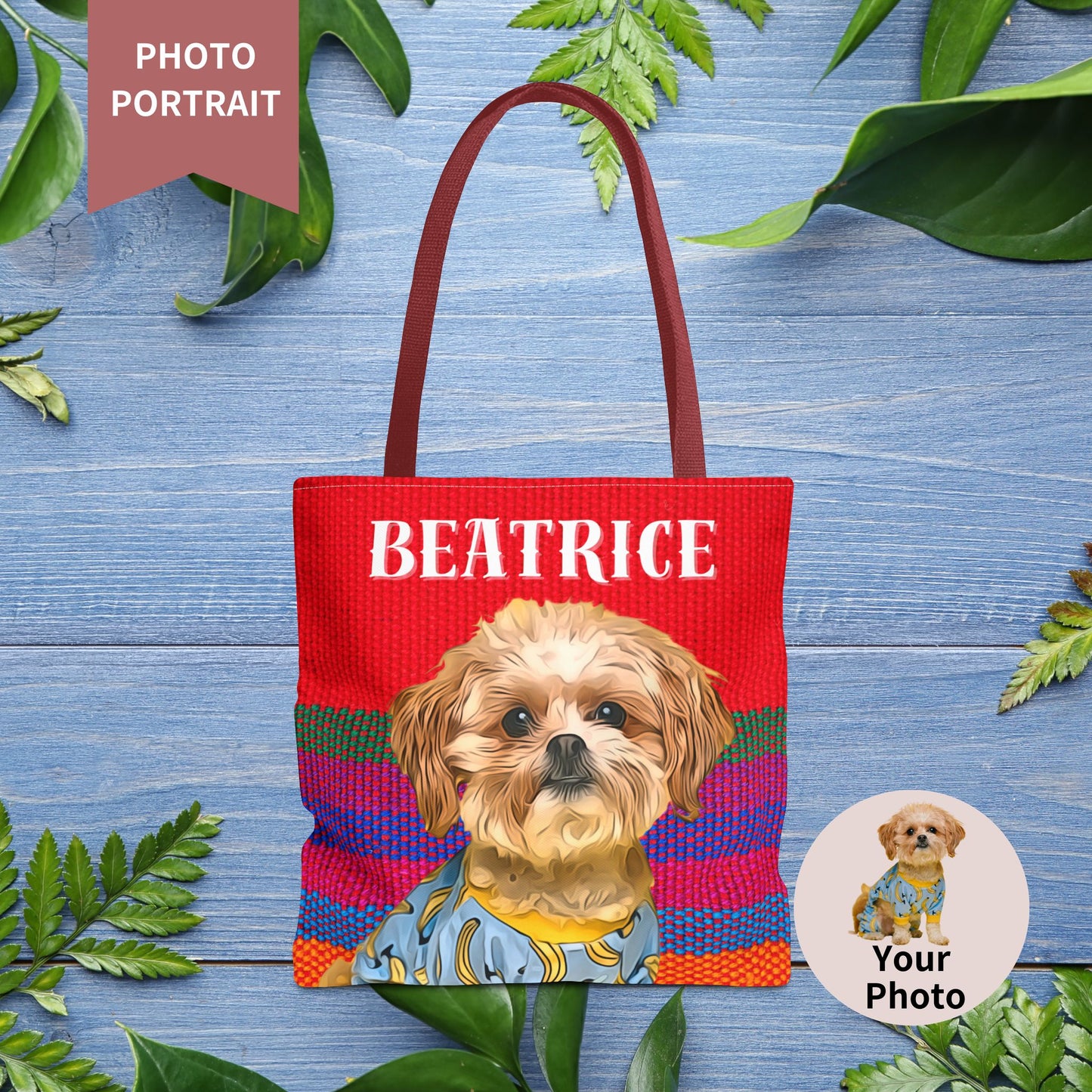 Custom Pet Portrait Tote Bag (Red Stripes Style) - furevermama