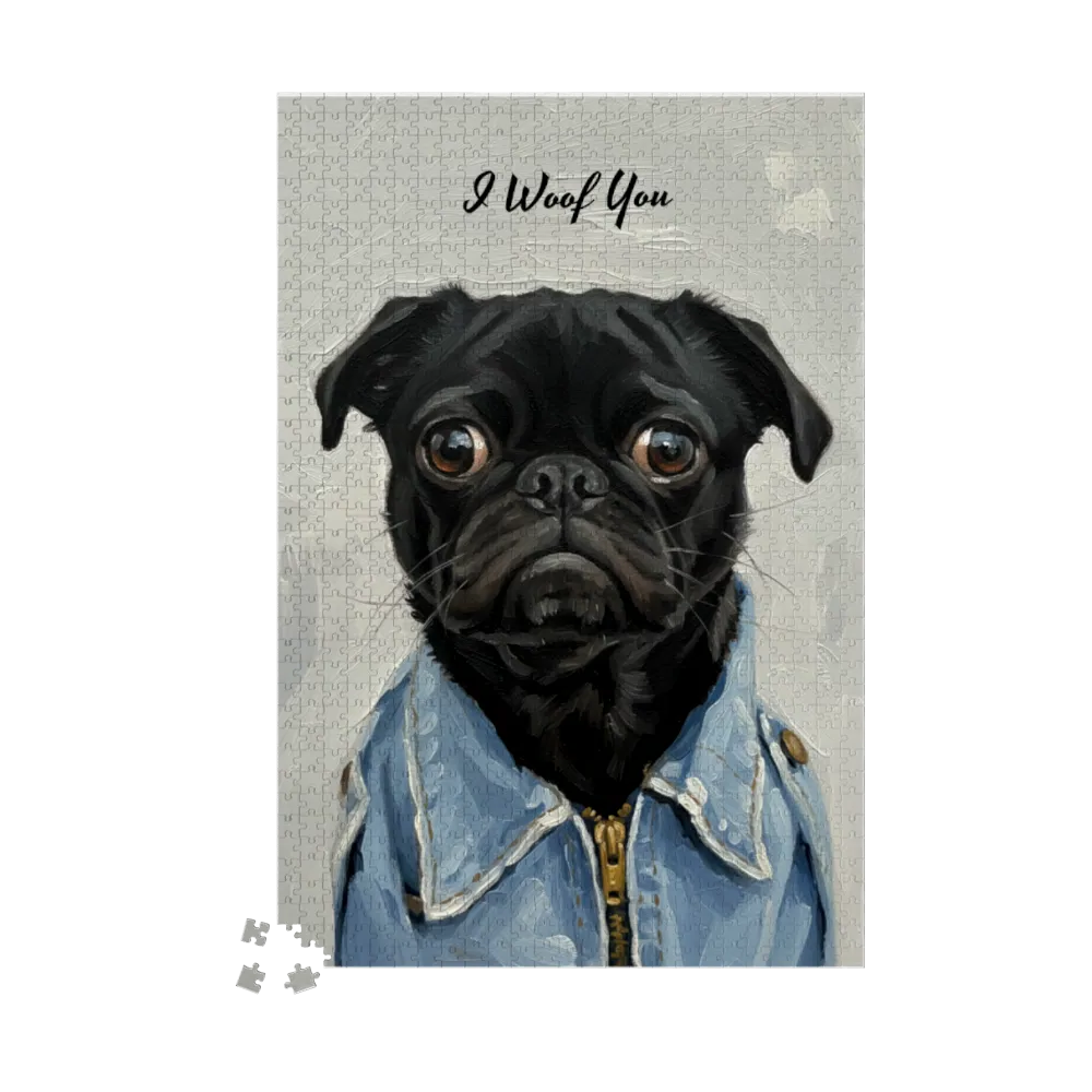 Black pug peeking out from behind a person wearing blue jeans with 'Woof' text on a gray background