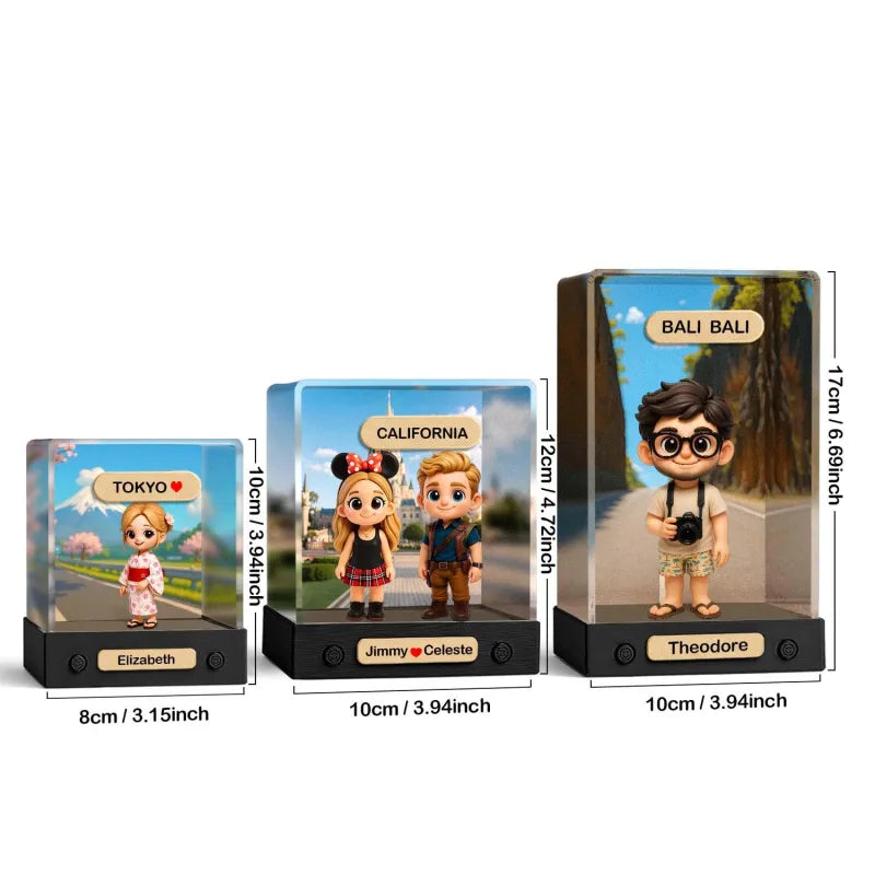 Three small figurines with scenic backgrounds and names on display stands, with measurements provided.