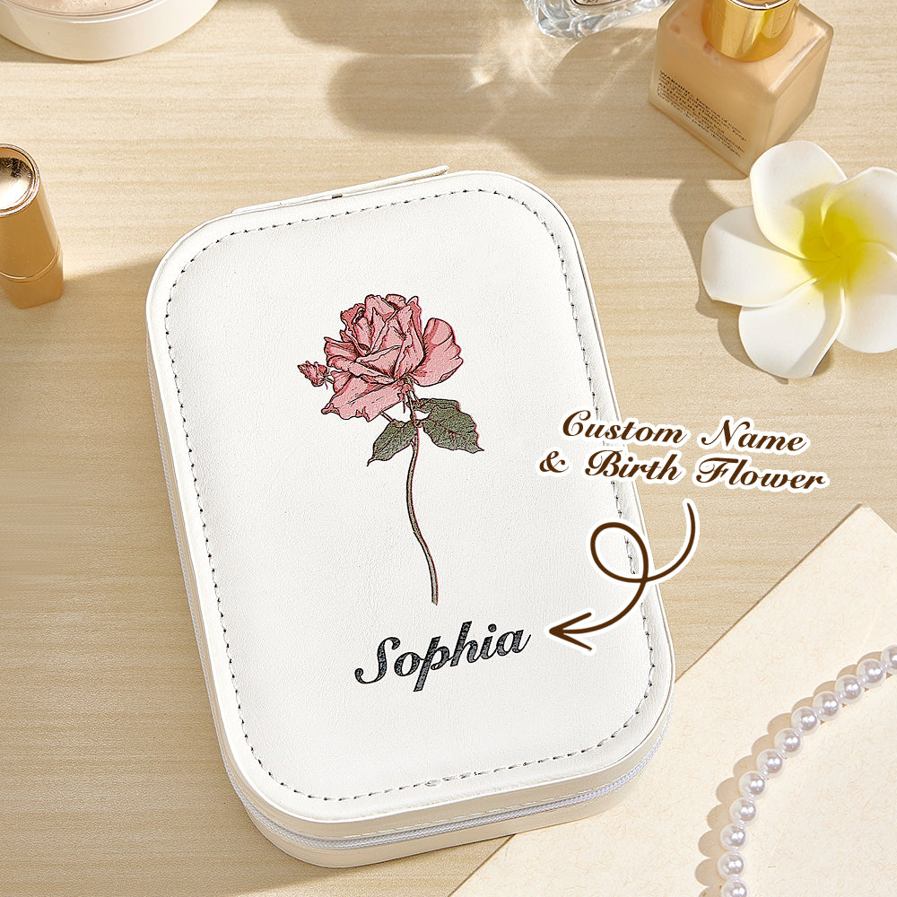 Personalized Birth Flower PU Leather Jewelry Box with LED Makeup Mirror Birthday Gift for Her - furevermama
