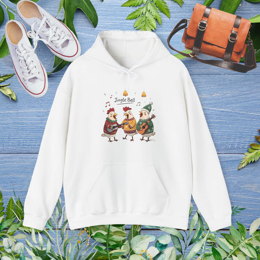 Hoodie with Three Hens Playing Guitars Saying Jingle Bell - furevermama