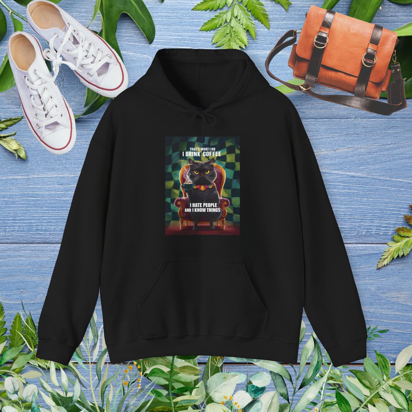 Cat Drinking Coffee Hoodie - I Hate People And I Know Things - furevermama