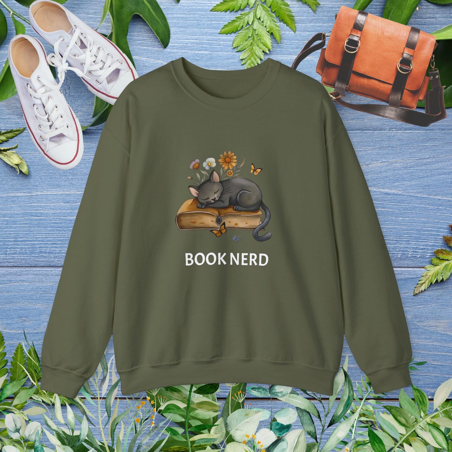 Cat The Book Nerb Crewneck Sweatshirt - furevermama