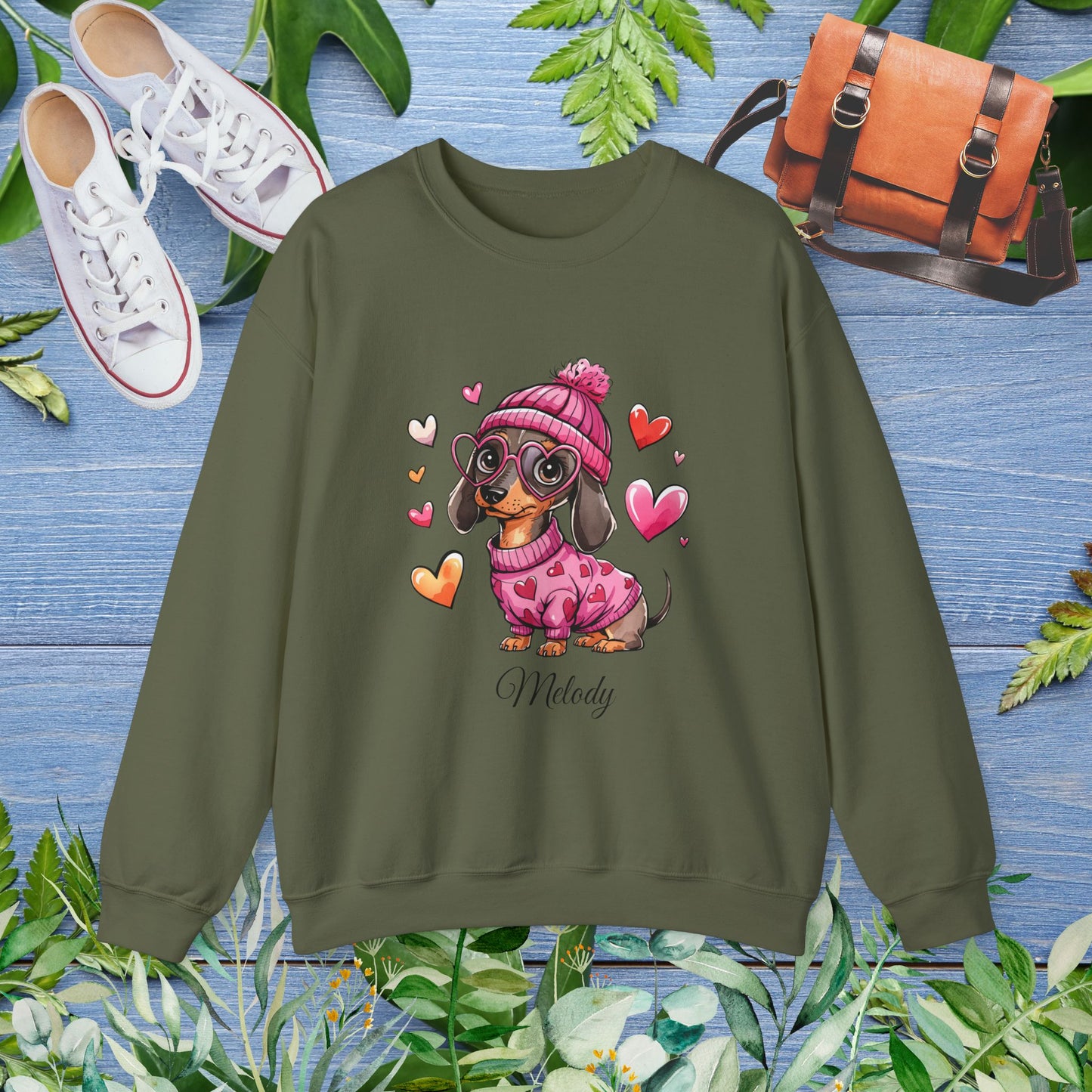 Loving Dachshund Crewneck Sweatshirt, Custom Name Sweatshirt - furevermama