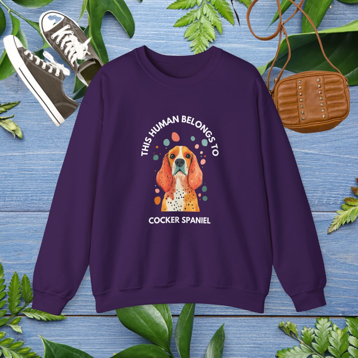 This Human Belongs To Cocker Spaniel Crewneck Sweatshirt - furevermama