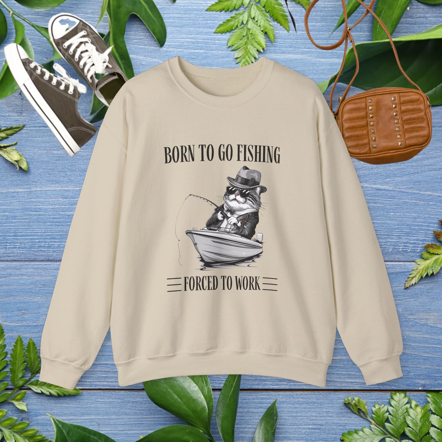 Born To Go Fishing Crewneck Sweatshirt, Cat Lover Fishing Lover Sweatshirt - furevermama