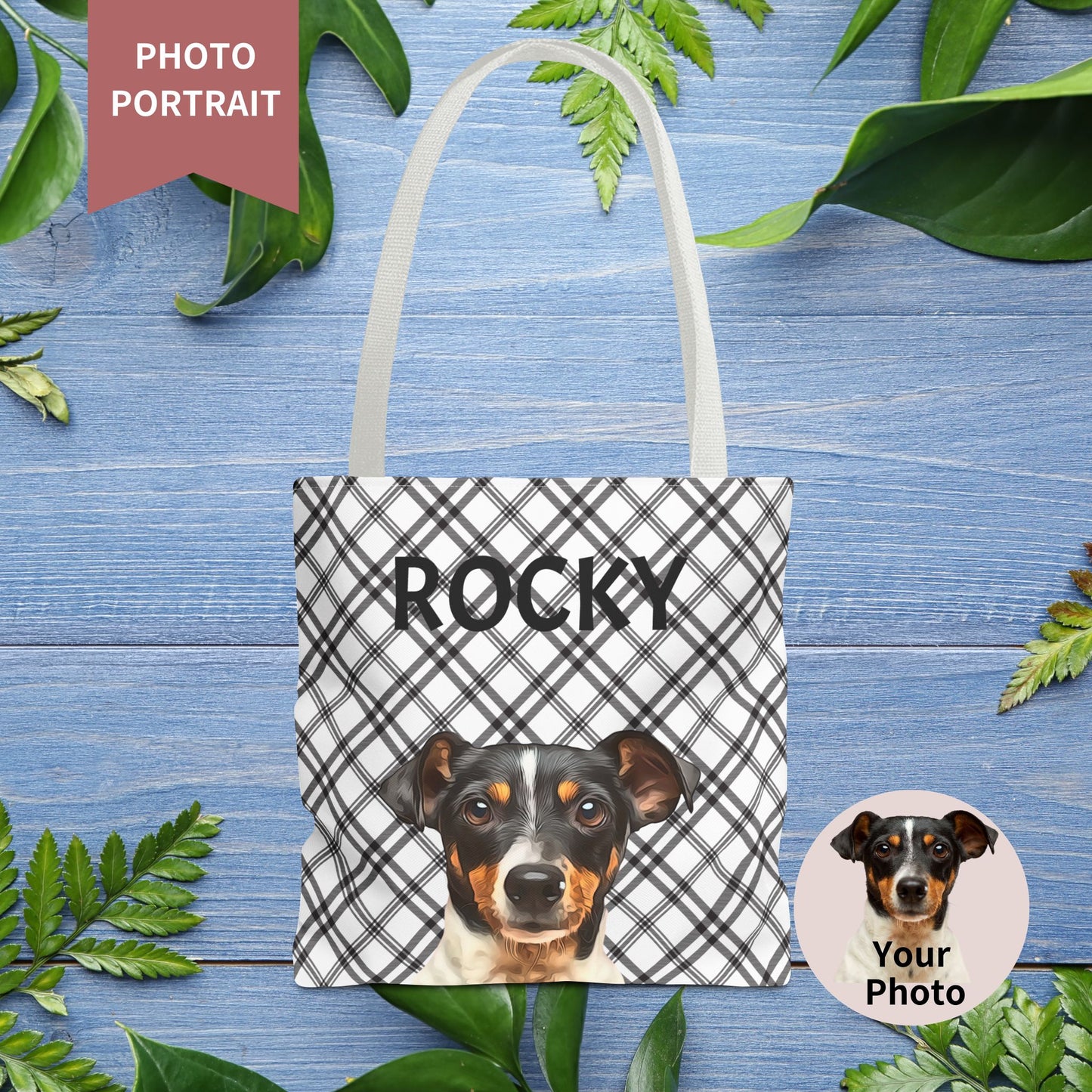 Custom Pet Portrait Checked Tote Bag - furevermama