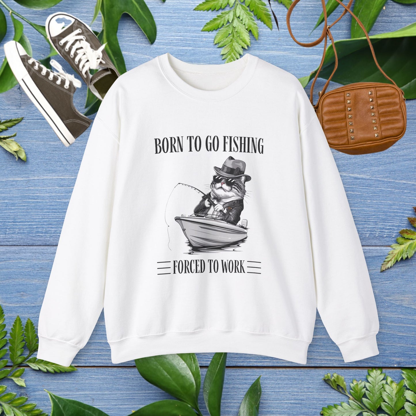 Born To Go Fishing Crewneck Sweatshirt, Cat Lover Fishing Lover Sweatshirt - furevermama