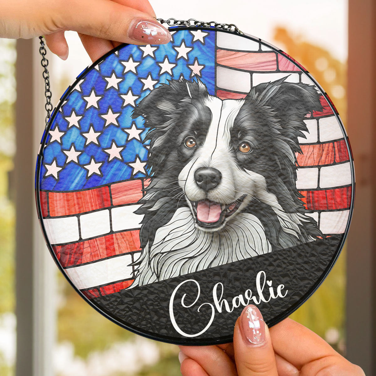 Personalized Window Hanging Suncatcher - From Your Pet's Photo To Portrait With USA Background - furevermama