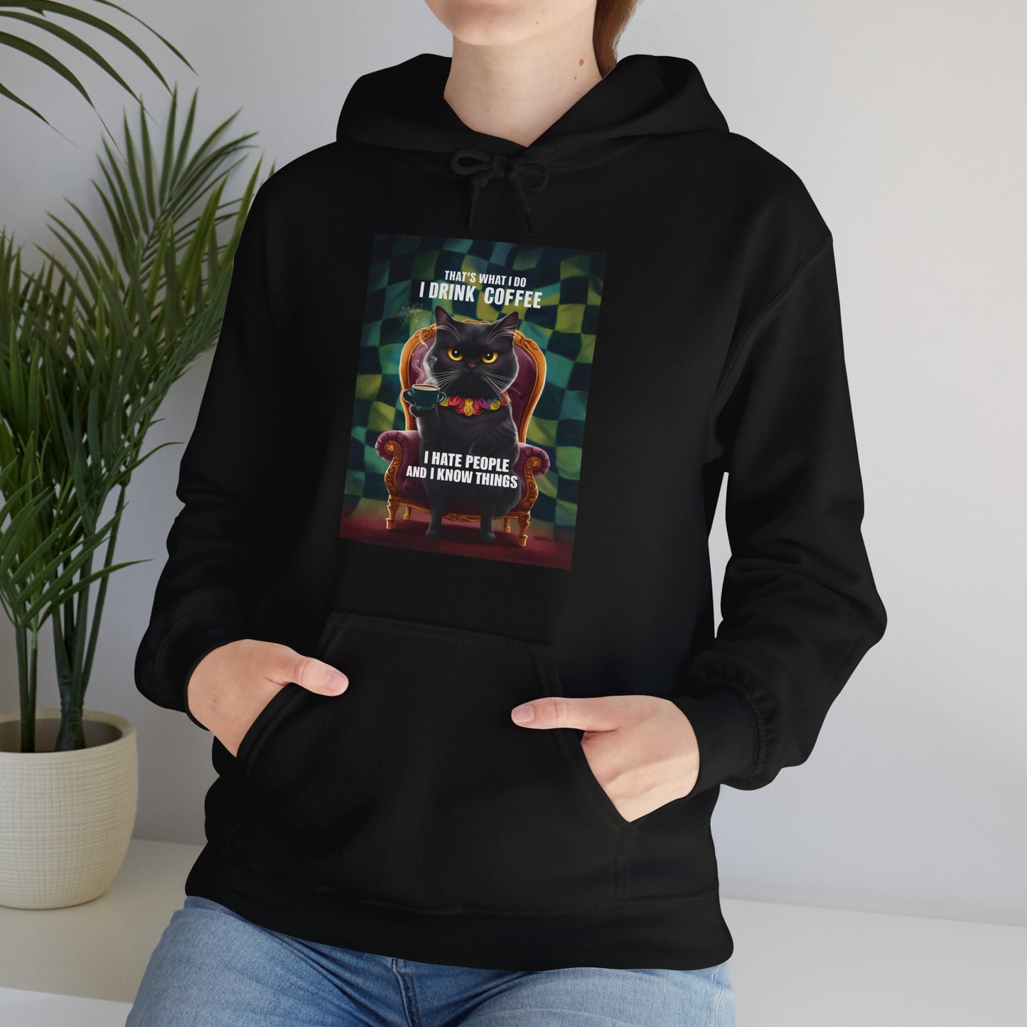 Cat Drinking Coffee Hoodie - I Hate People And I Know Things - furevermama