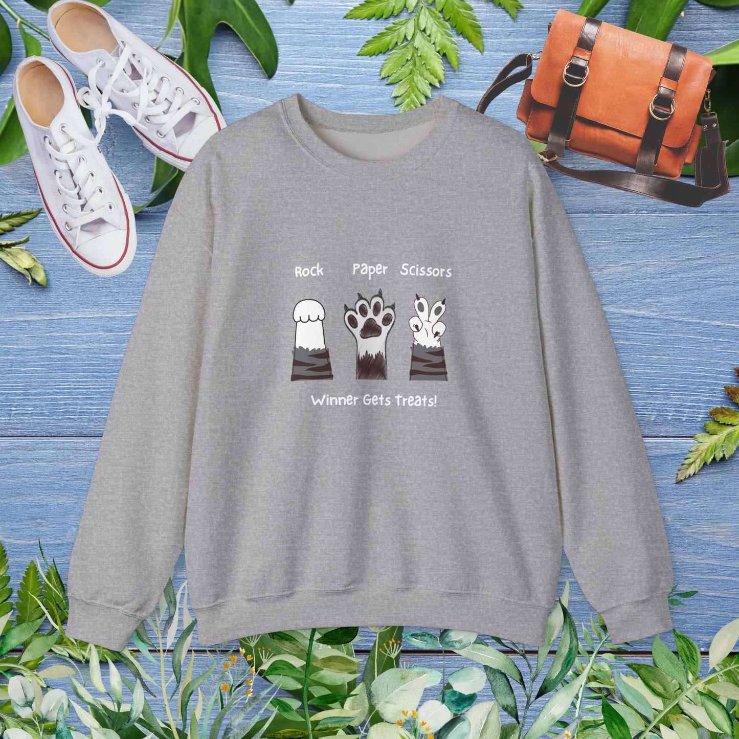 Crewneck Sweatshirt with Paw Graphics 'Paper, Rock, and Scissors' - furevermama