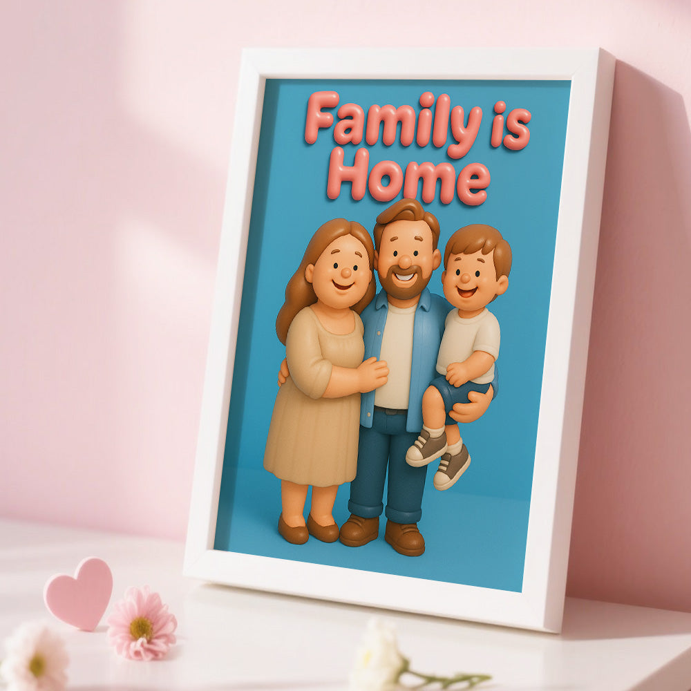 Framed artwork with a family illustration and 'Family is Home' text on a pink background