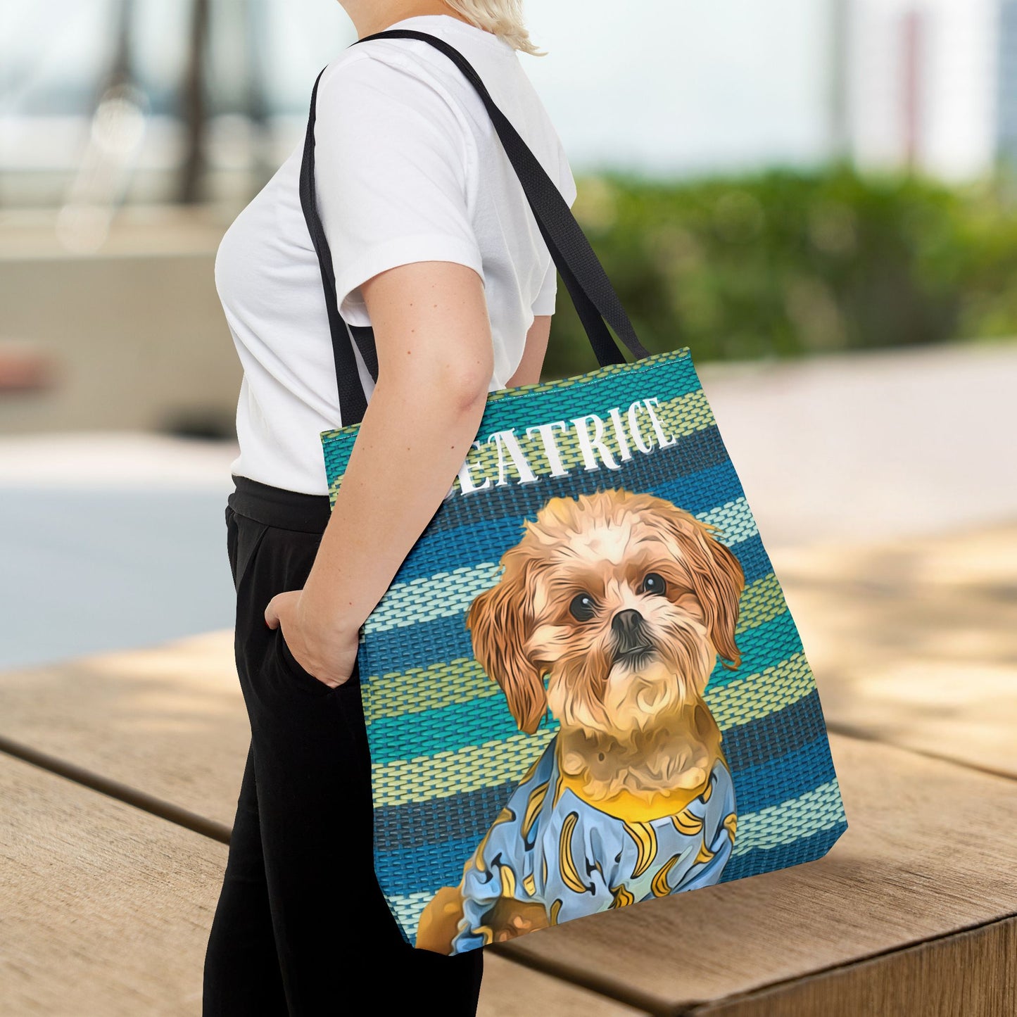 Custom Pet Portrait Tote Bag (Green Stripes Style) - furevermama