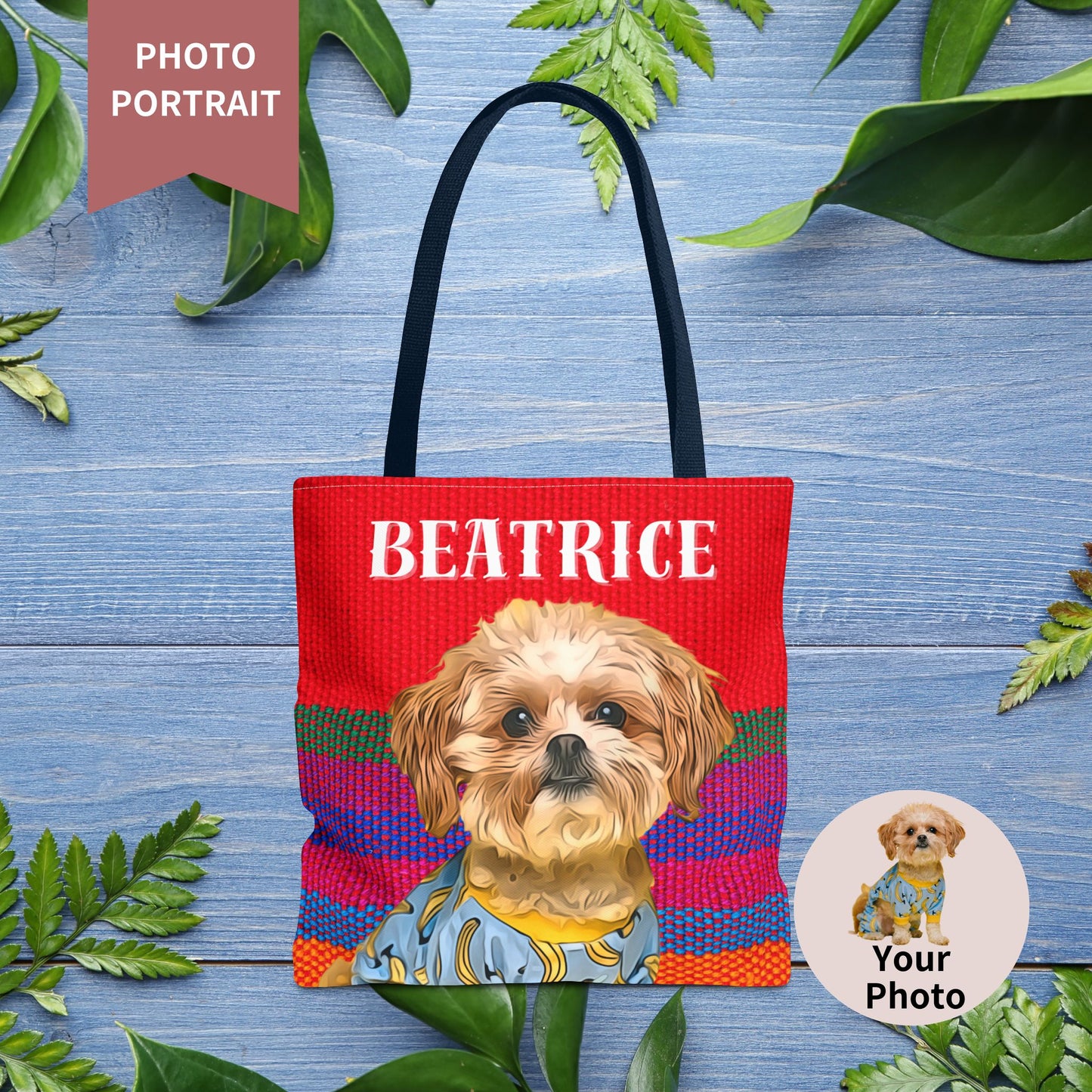 Custom Pet Portrait Tote Bag (Red Stripes Style) - furevermama