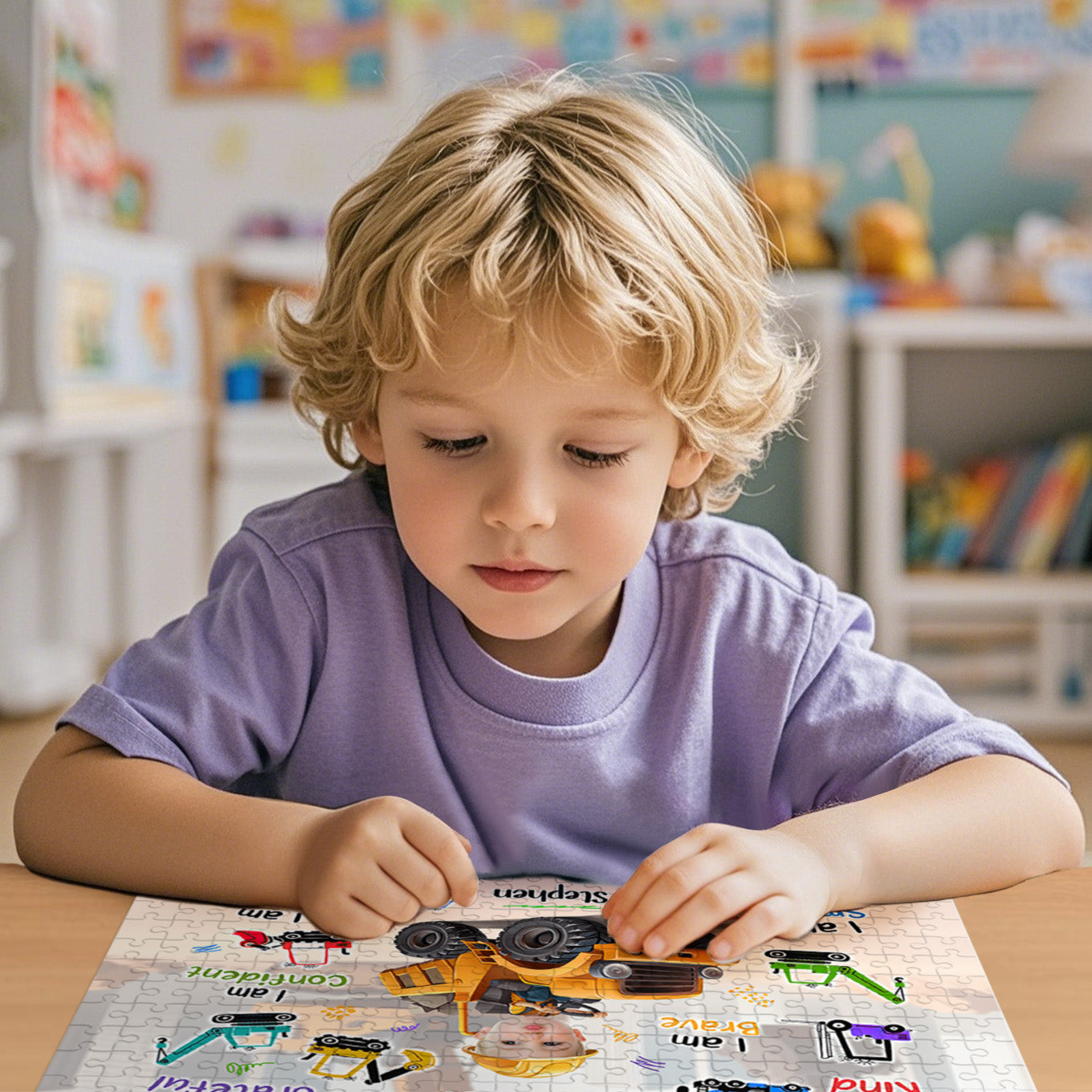 Child playing with a toy construction set in a classroom setting