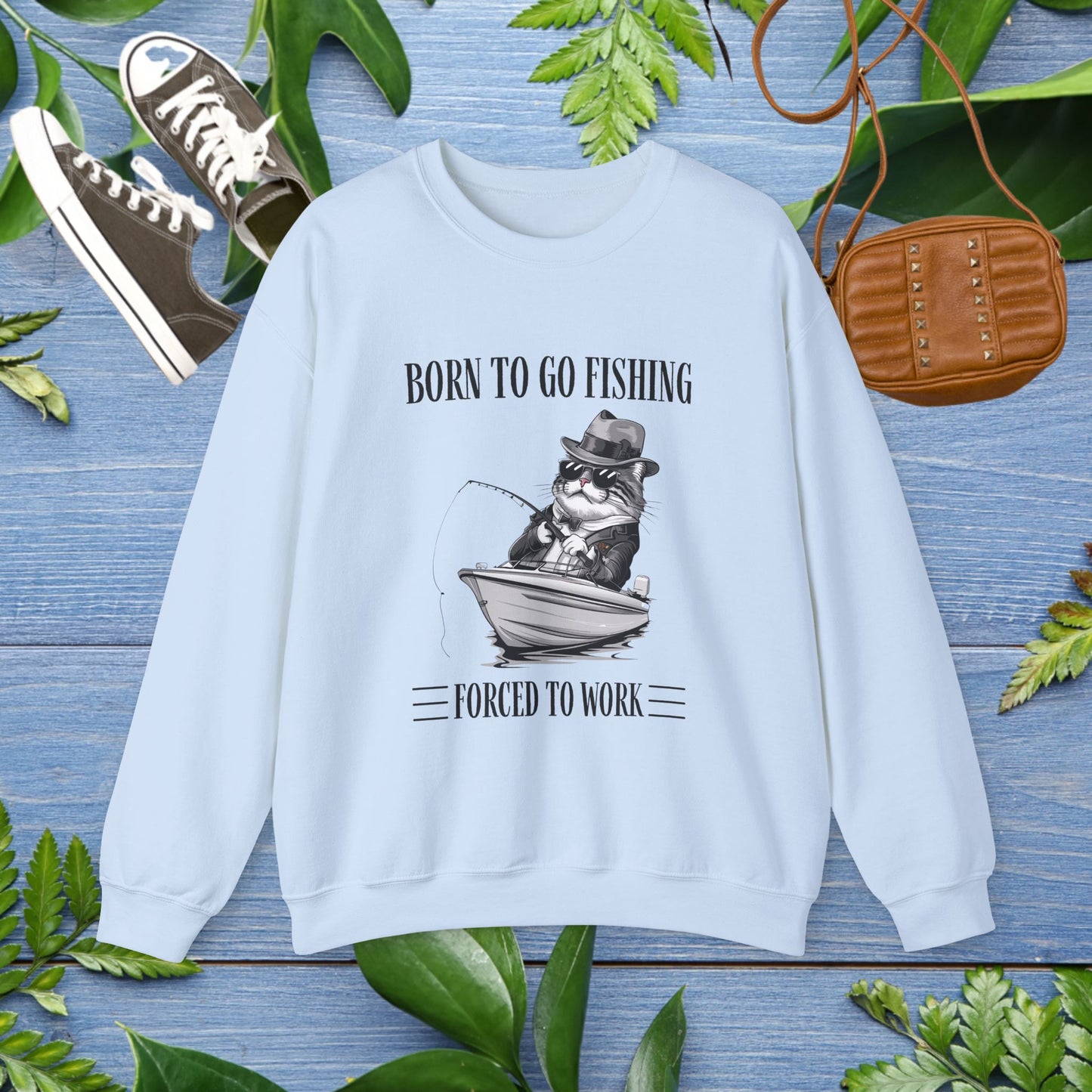 Born To Go Fishing Crewneck Sweatshirt, Cat Lover Fishing Lover Sweatshirt - furevermama