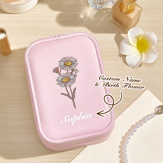 Personalized Birth Flower PU Leather Jewelry Box with LED Makeup Mirror Birthday Gift for Her - furevermama