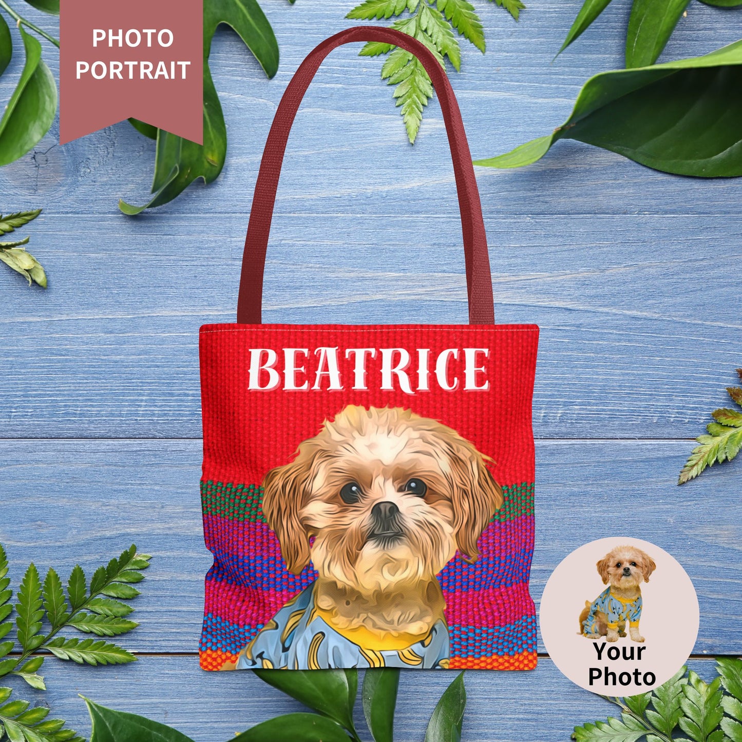 Custom Pet Portrait Tote Bag (Red Stripes Style) - furevermama