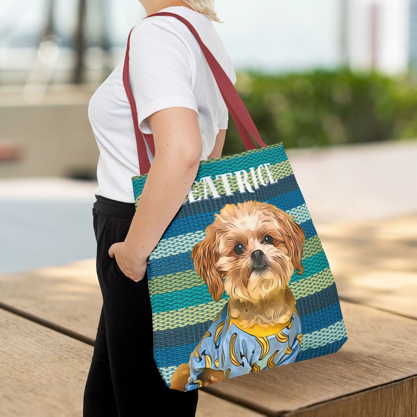 Custom Pet Portrait Tote Bag (Green Stripes Style) - furevermama