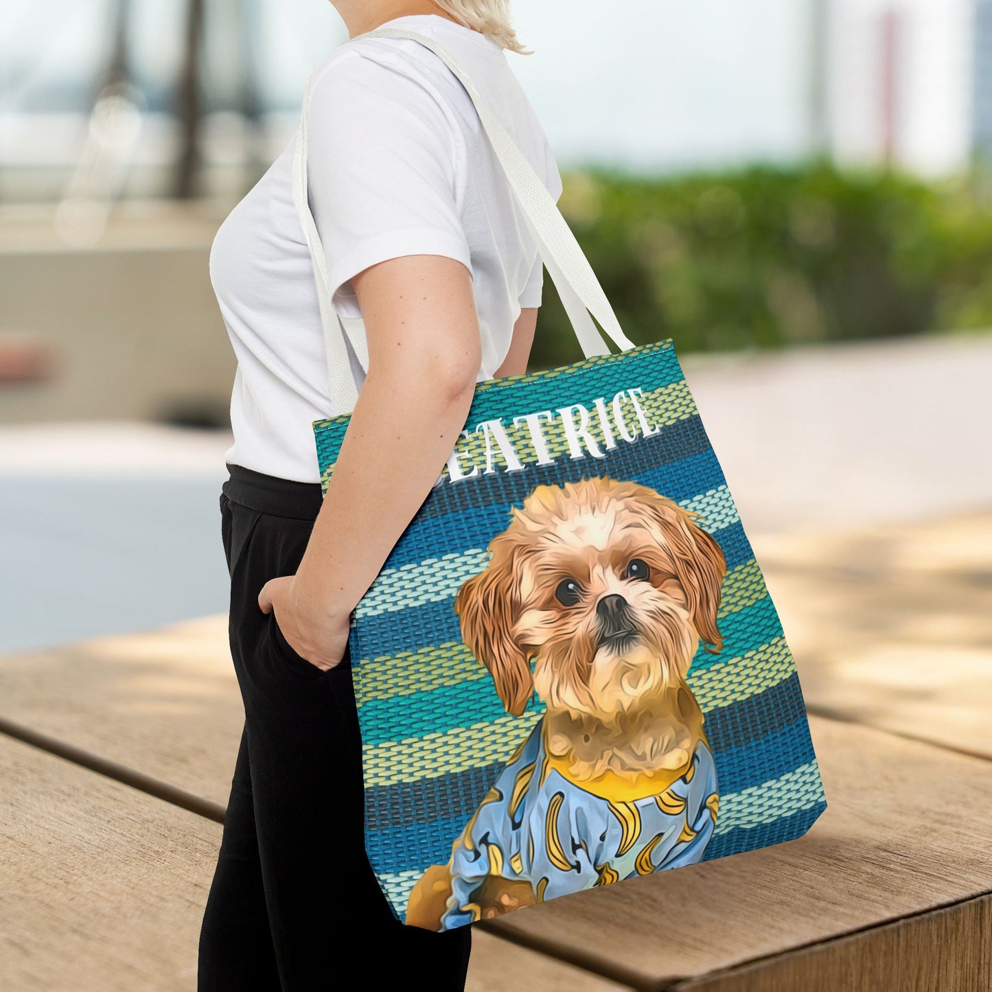 Custom Pet Portrait Tote Bag (Green Stripes Style) - furevermama