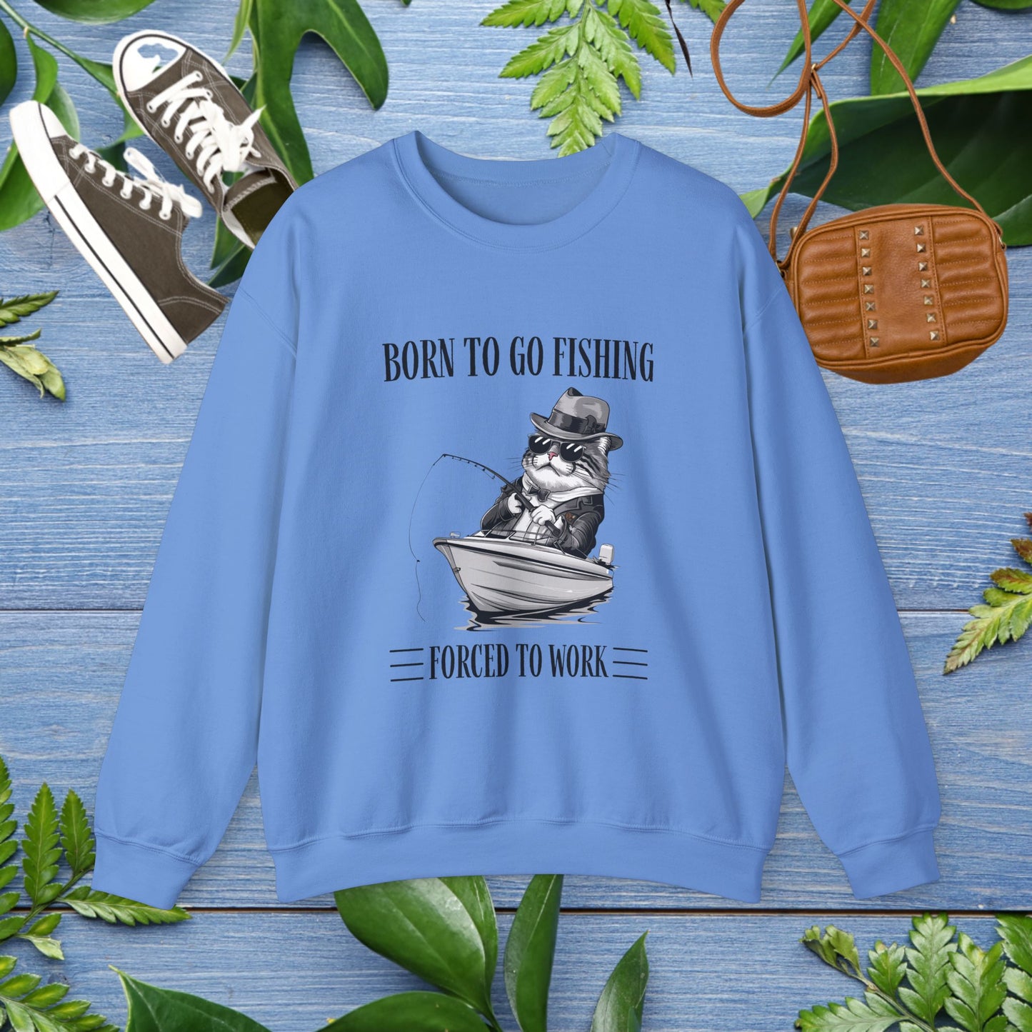 Born To Go Fishing Crewneck Sweatshirt, Cat Lover Fishing Lover Sweatshirt - furevermama
