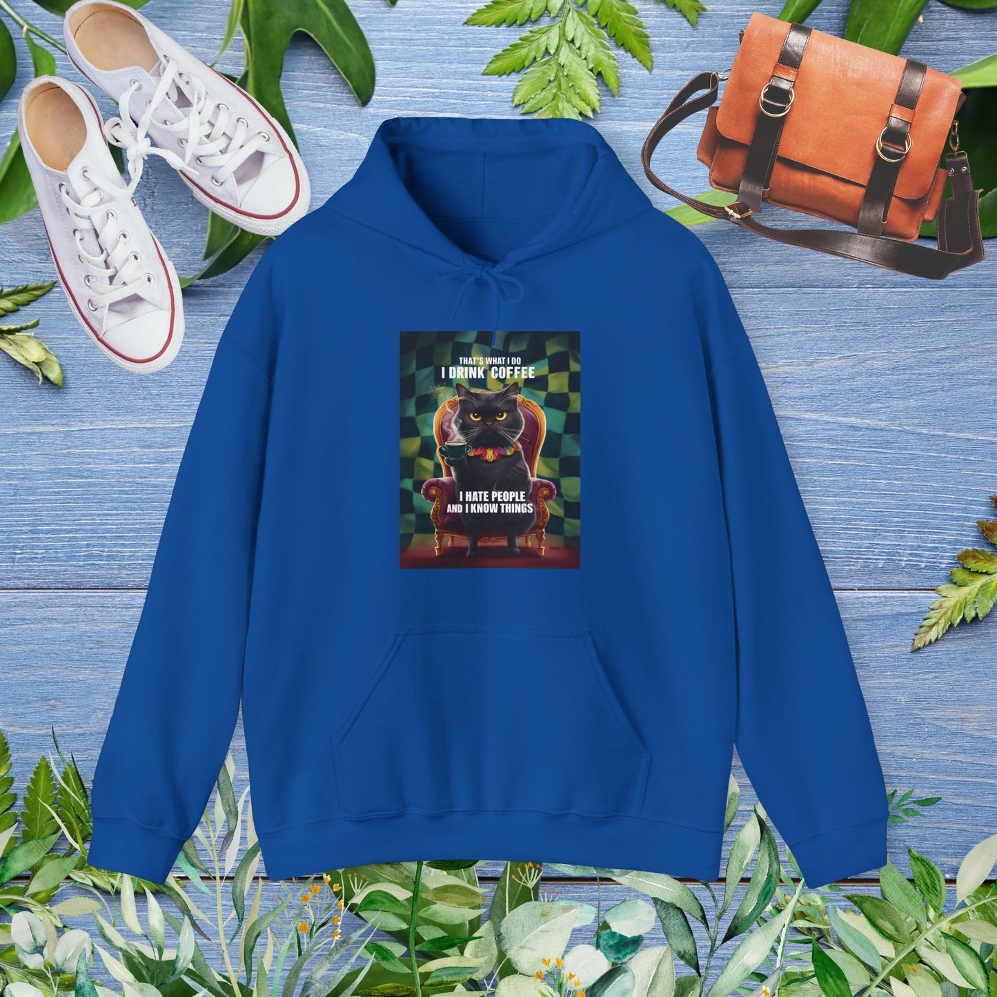 Cat Drinking Coffee Hoodie - I Hate People And I Know Things - furevermama