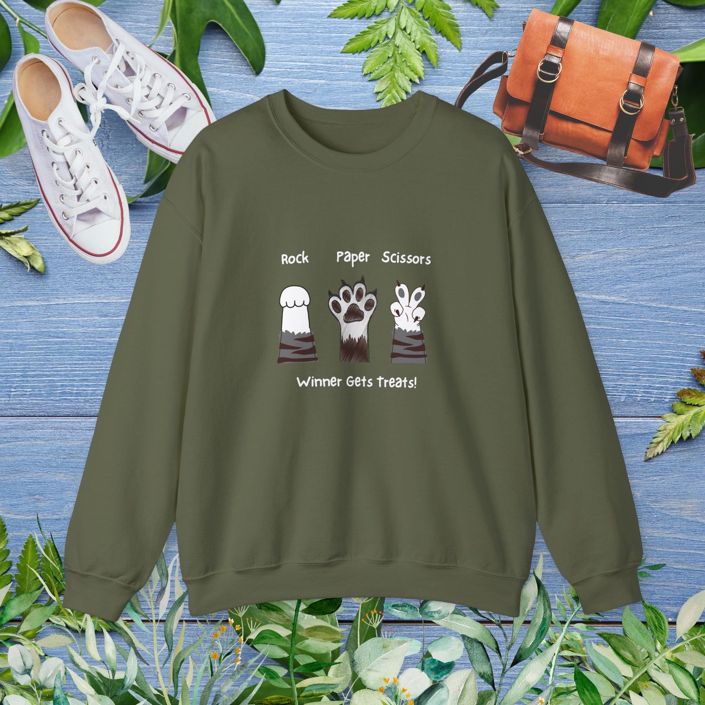 Crewneck Sweatshirt with Paw Graphics 'Paper, Rock, and Scissors' - furevermama