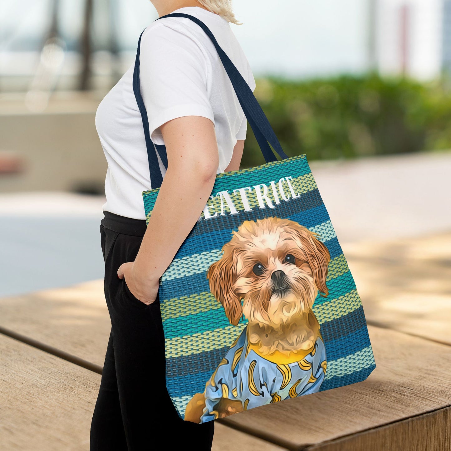 Custom Pet Portrait Tote Bag (Green Stripes Style) - furevermama