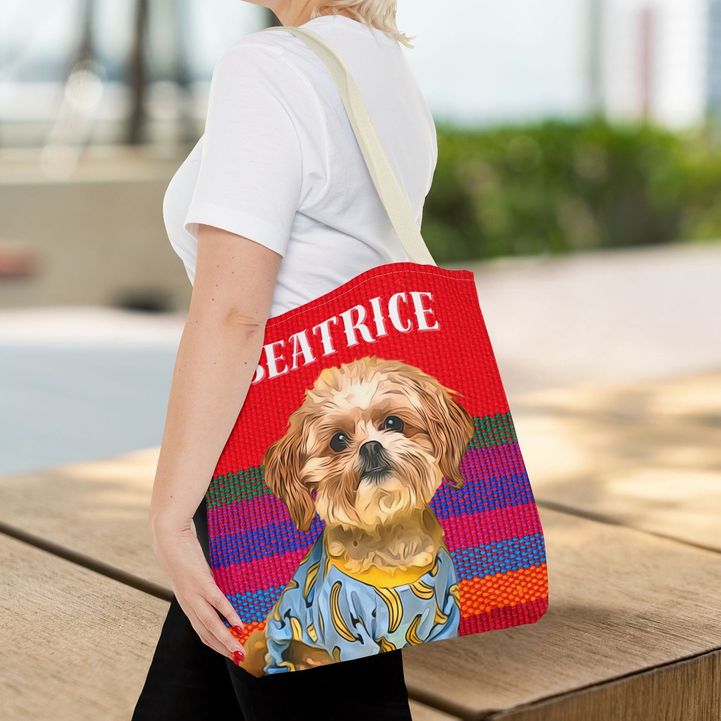 Custom Pet Portrait Tote Bag (Red Stripes Style) - furevermama