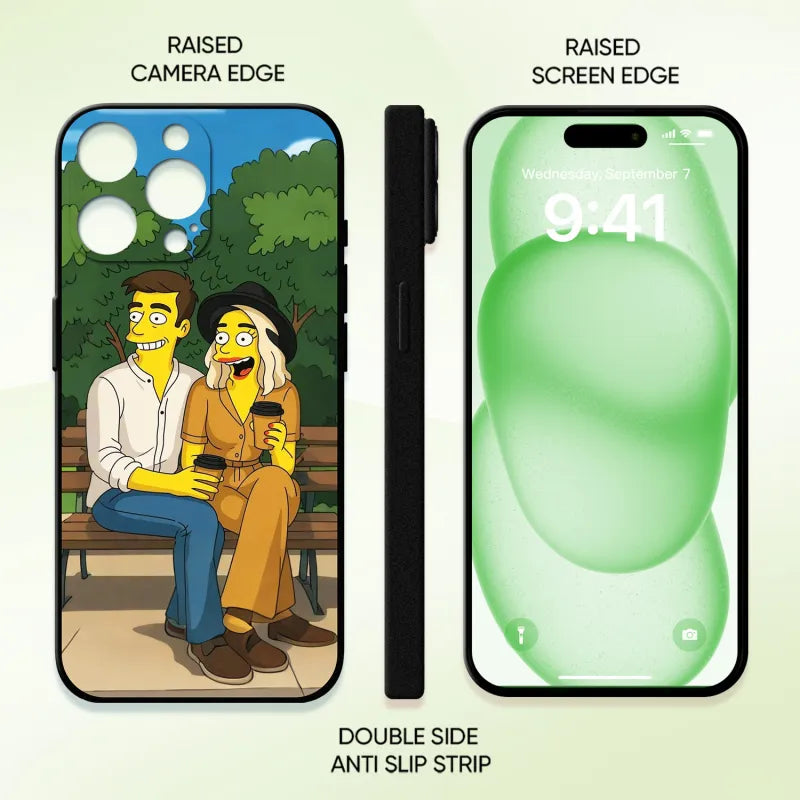 Phone case with cartoon characters sitting on a bench, showing raised camera edge and screen edge designs.