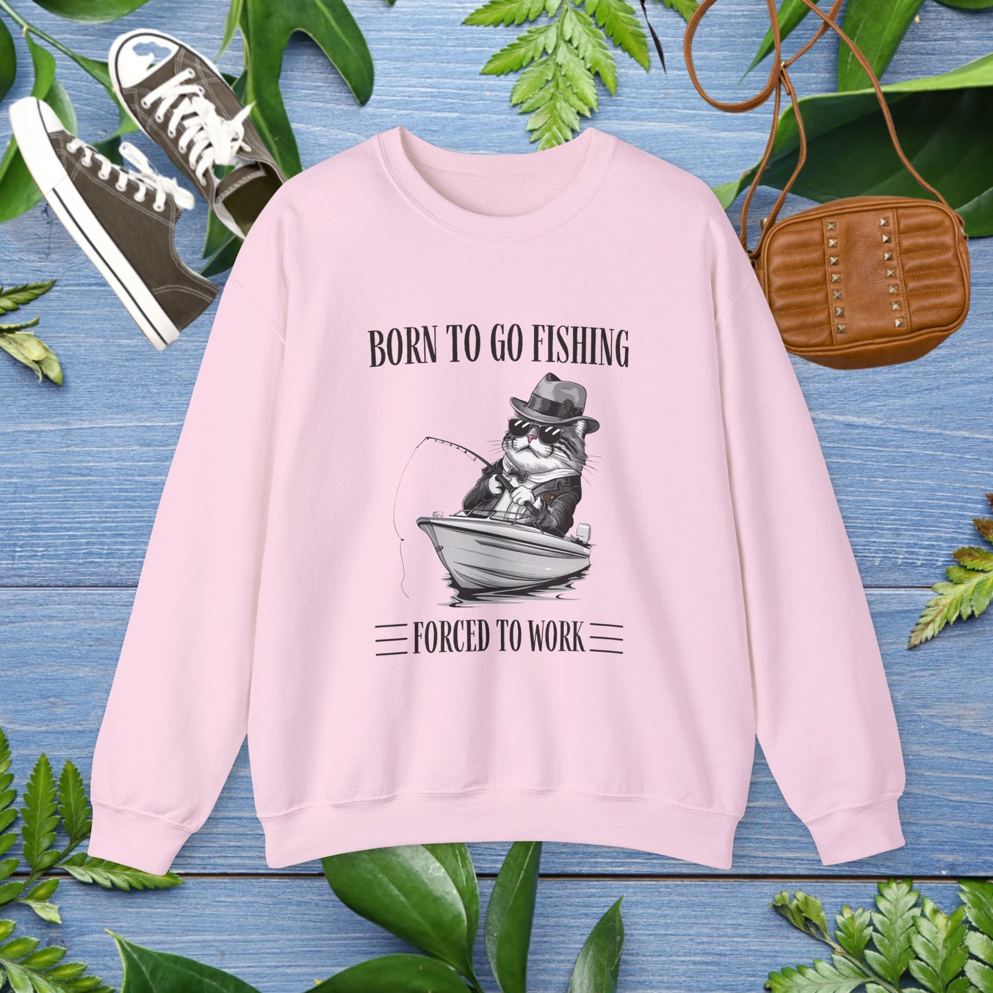 Born To Go Fishing Crewneck Sweatshirt, Cat Lover Fishing Lover Sweatshirt - furevermama