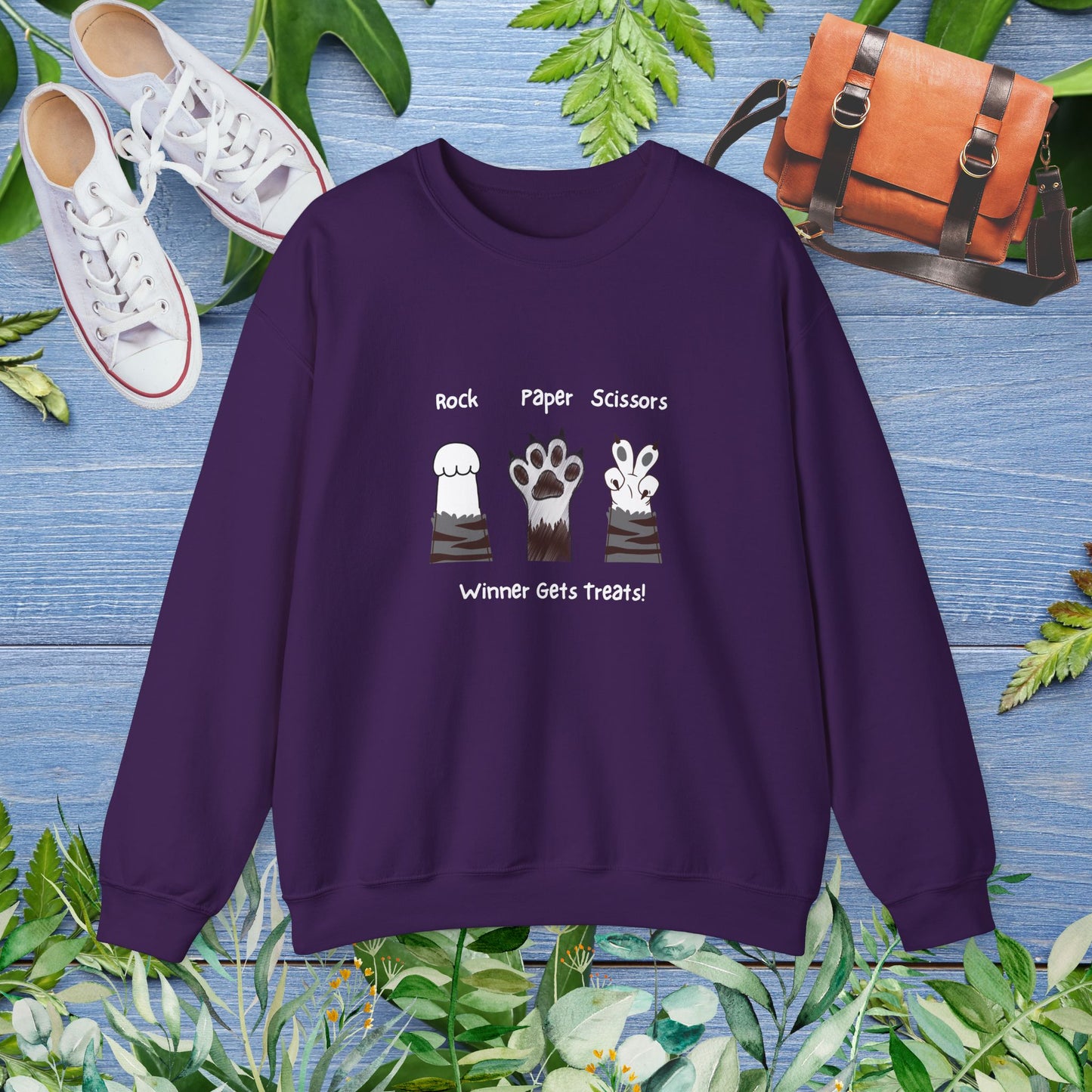 Crewneck Sweatshirt with Paw Graphics 'Paper, Rock, and Scissors' - furevermama